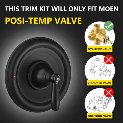 Pressure Balancing Tub And Shower Trim Kit For Posi-Temp Valve In Matte Black, Durable Metal Construction, Easy-Adjust Lever Handle With Red Blue Temperature Indicator, Aftermarket Trim Kit Only, Valve Not Included