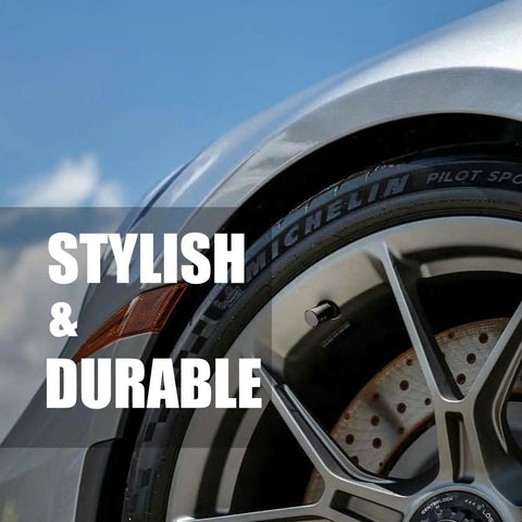 Close-up of car wheel with Premium Metal Tire Valve Caps 4 Pack With Plastic Liner Built To Last Durable Corrosion Resistant And Leak Proof Universal Schrader Fit For Cars Trucks Motorcycles And Bikes Black.