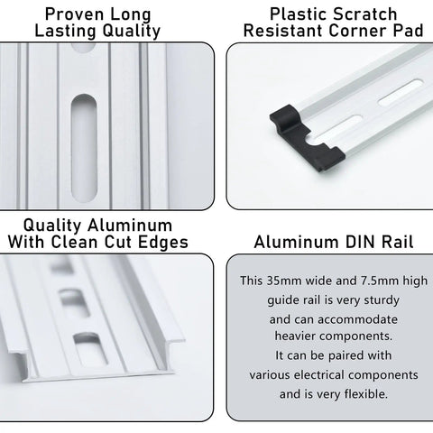 Heavy Duty Aluminum DIN Rail Slotted 35mm Wide 7.5mm High 8 Inch Long Universal Mount Kit with close-ups of quality and features