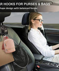 Two Piece Car Seat Headrest Hooks For Purse And Tote Bag Storage Chill Sun Moon Vibe heavy-duty hooks holding bags in car.