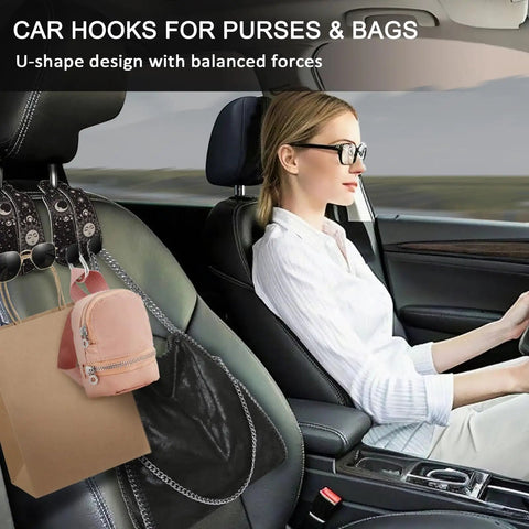 Two Piece Car Seat Headrest Hooks For Purse And Tote Bag Storage Chill Sun Moon Vibe heavy-duty hooks holding bags in car.