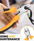 Close-up of pliers from the 24 Piece Home DIY Tool Kit for Household Office and Garage Repair Small Hand Tool Set with Storage Case in Bright Yellow Ready to Use out of the Box Great for Quick Fixes and Everyday Projects being used to cut wires.