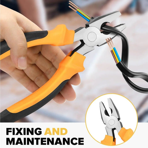 Close-up of pliers from the 24 Piece Home DIY Tool Kit for Household Office and Garage Repair Small Hand Tool Set with Storage Case in Bright Yellow Ready to Use out of the Box Great for Quick Fixes and Everyday Projects being used to cut wires.