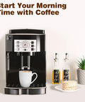 Coffee machine with a white mug alongside oil bottles and snacks on a counter.