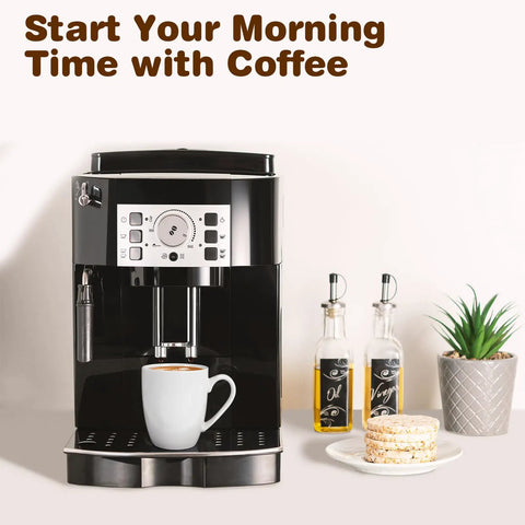 Coffee machine with a white mug alongside oil bottles and snacks on a counter.