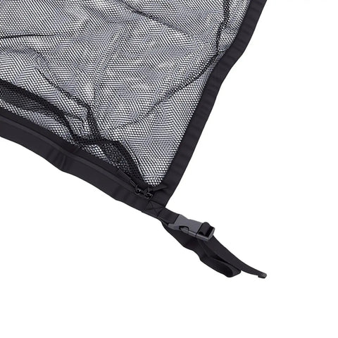 Double Layer Car Ceiling Cargo Net For SUV Truck Van, Roof Storage Organizer with buckle and mesh detail in black polyester.
