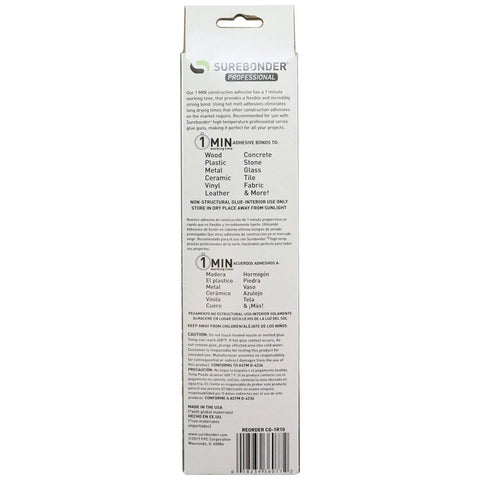 Back view of packaging for Construction Grade Adhesive Hot Melt Glue Sticks For Tough Jobs, Full Size 10 Inch Long By 0.43 Inch Diameter.