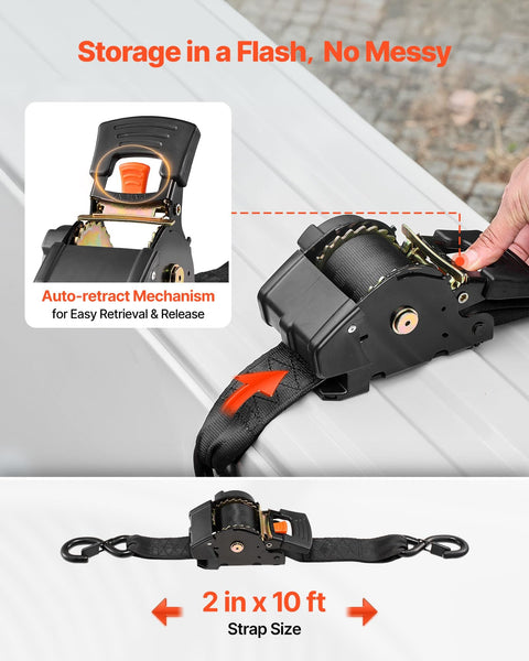 Two Pack Retractable Ratchet Straps 2 Inch By 10 Foot Tie Down Straps With S Hooks And Soft Loops shown on truck edge