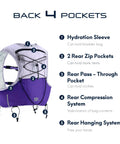 Back view of 10L Trail Running Hydration Vest With Soft Flasks Purple S For Ultraruns And Endurance Training with labeled pockets