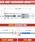 Diagram of 240 Piece Zinc Self Drilling Drywall Anchors And Screws Kit With Cross Groove Drill Bit, showing component sizes.