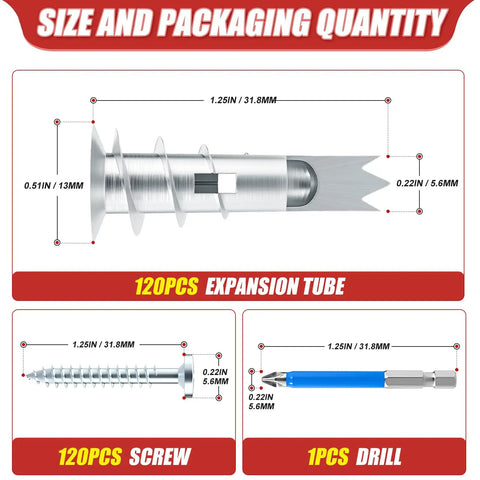 Diagram of 240 Piece Zinc Self Drilling Drywall Anchors And Screws Kit With Cross Groove Drill Bit, showing component sizes.