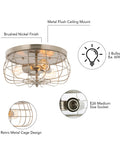 Industrial Three Light Metal Cage Flush Mount Ceiling Light In Brushed Nickel Vintage Farmhouse Style For Living Room And Master Bedroom ETL Listed Modern Rustic Ceiling Fixture with E26 sockets and retro metal cage design.