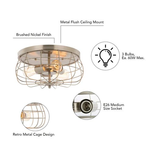 Industrial Three Light Metal Cage Flush Mount Ceiling Light In Brushed Nickel Vintage Farmhouse Style For Living Room And Master Bedroom ETL Listed Modern Rustic Ceiling Fixture with E26 sockets and retro metal cage design.