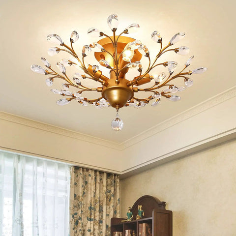 4 Light Vintage Crystal Chandelier Ceiling Light In Gold Finish Show Stopping Pendant Fixture For Living Room Bedroom Dining Hallway Flush Mount Lighting With Clear K9 Crystals And Elegant Sparkle enhanced with a decorative ceiling rose.