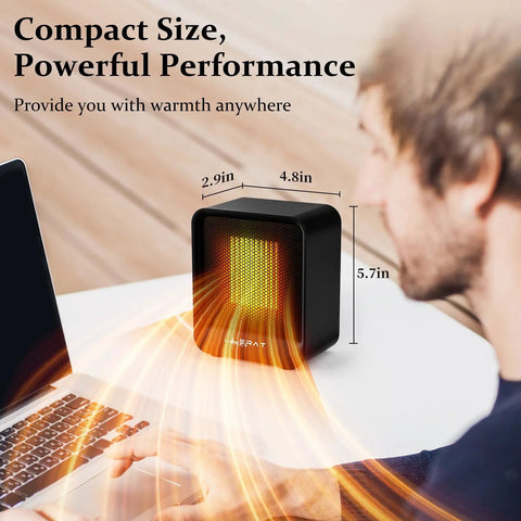 Portable Mini Space Heater 500W Fast Heating for Indoor Use, compact desk heater next to laptop for personal comfort