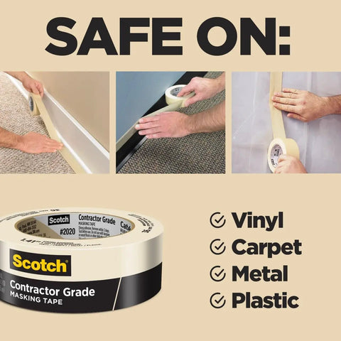 Contractor Grade Tan Masking Tape 0.7 Inch By 60.1 Yards One Roll Three Day Interior Clean Removal on vinyl, carpet, metal, plastic surfaces