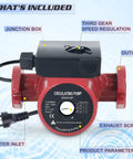 115V 1 Inch FNPT Flanged Hot Water Recirculating Pump With 3 Speed Switchable Circulation, labeled parts and junction box visible.