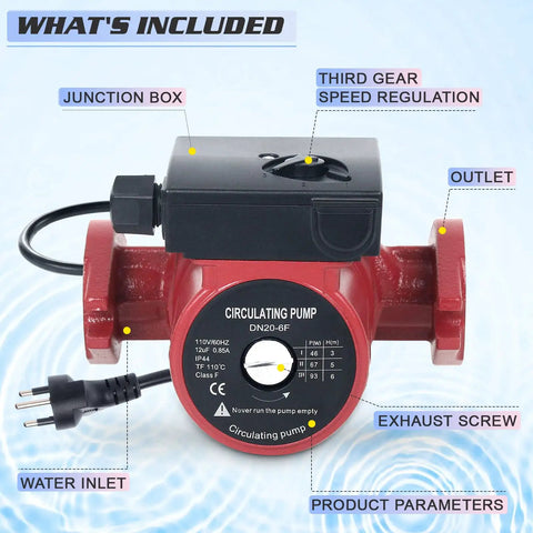 115V 1 Inch FNPT Flanged Hot Water Recirculating Pump With 3 Speed Switchable Circulation, labeled parts and junction box visible.