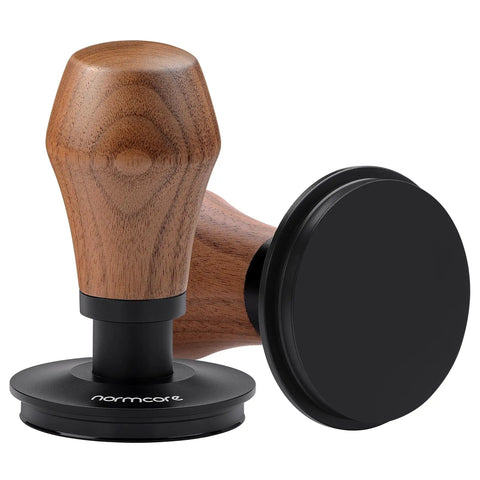 Heavy Duty Spring Loaded Espresso Coffee Tamper With Solid American Walnut Handle And Durable Titanium Base showing a close-up angle.
