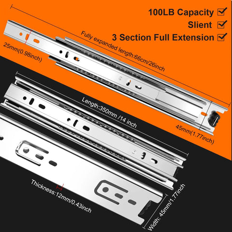 14 Inch Full Extension Drawer Slides 4 Pairs 8 Pieces Side Mount Cabinet Glides 14 Inch Silver Rails For Dresser Cabinet Kitchen Wardrobe Trash Can Beefy 100 LB Capacity Smooth Quiet Close And Heavy Duty Build, silver 14-inch 3-section slide