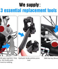 Four Pairs Disc Brake Pads Kit For Mountain Bikes With Tools, showing gap regulator, piston press tool, and hex wrench in use