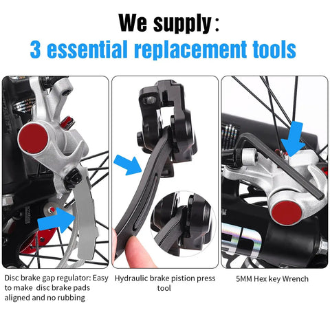 Four Pairs Disc Brake Pads Kit For Mountain Bikes With Tools, showing gap regulator, piston press tool, and hex wrench in use