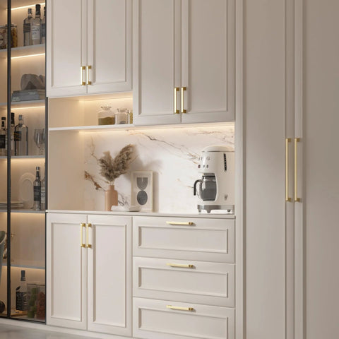 5 Inch Brushed Gold Cabinet Pulls Set Of 10 Zinc Alloy Handles for kitchen cabinets and dressers, installed in modern kitchen.