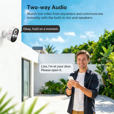 Wireless Outdoor Security Camera 1080P With Battery Power, 120 Degree Wide View, two-way audio feature in use.