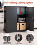 Sturdy 41.7 Inch Metal Storage Cabinet With 3 Tiers, 2 Adjustable Shelves, Lockable Magnetic Doors And 2 Keys, Heavy-Duty Steel Garage Pantry For Workshop, Basement, Office, Black, open with files inside