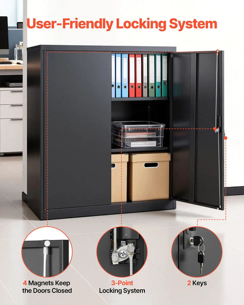 Sturdy 41.7 Inch Metal Storage Cabinet With 3 Tiers, 2 Adjustable Shelves, Lockable Magnetic Doors And 2 Keys, Heavy-Duty Steel Garage Pantry For Workshop, Basement, Office, Black, open with files inside