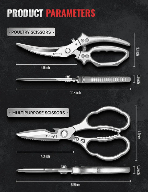 Two Piece Kitchen Scissors Set With Poultry Shears Japanese Stainless Steel All Purpose Kitchen Shears For Food Chicken Bones Fish Scales Nuts Herbs Packaging Plus More Dishwasher Safe, 5.9-inch and 4.3-inch