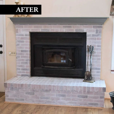 Brick Transformations Whitewash Paint For Brick Walls And Fireplaces, Water Based Acrylic, Low Odor, Low VOCs applied to fireplace