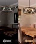 Black 22 Inch Drum Chandelier With Wood Grain Finish Modern Farmhouse Pendant Light Dope 5 Lights Round Hanging Fixture
