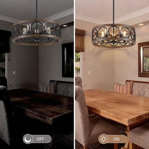 Black 22 Inch Drum Chandelier With Wood Grain Finish Modern Farmhouse Pendant Light Dope 5 Lights Round Hanging Fixture