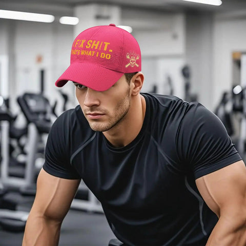 Man wearing Golf Cap With I Fix Shit Thats What I Do Print Quick Dry Baseball Hat For Him in a gym setting.