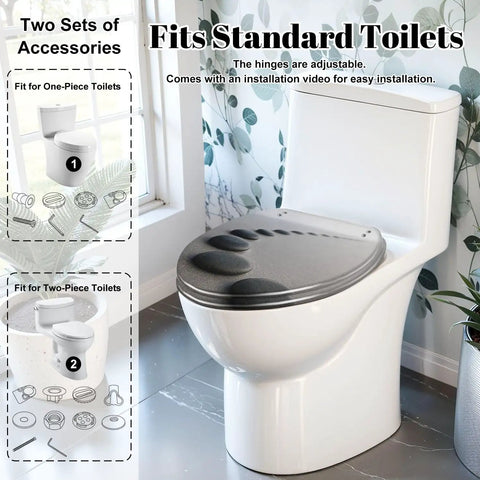 Toilet Seat Slow Close Elongated for Bathroom on a standard toilet, showing adjustable hinges and installation details.