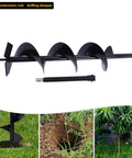 Beefy Heavy Duty Auger Drill Bit Six Inch By Thirty One Inch For Post Holes Earth Digger Planting Fence Hole Maker Machine Fits Shaft Size Three Quarters Inch with extension rod, showing digging in soil and creating post hole.