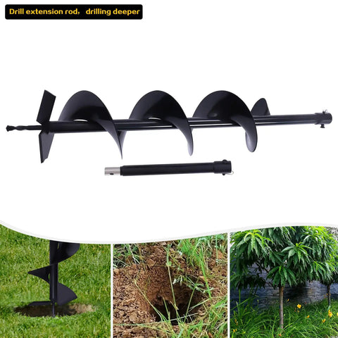 Beefy Heavy Duty Auger Drill Bit Six Inch By Thirty One Inch For Post Holes Earth Digger Planting Fence Hole Maker Machine Fits Shaft Size Three Quarters Inch with extension rod, showing digging in soil and creating post hole.