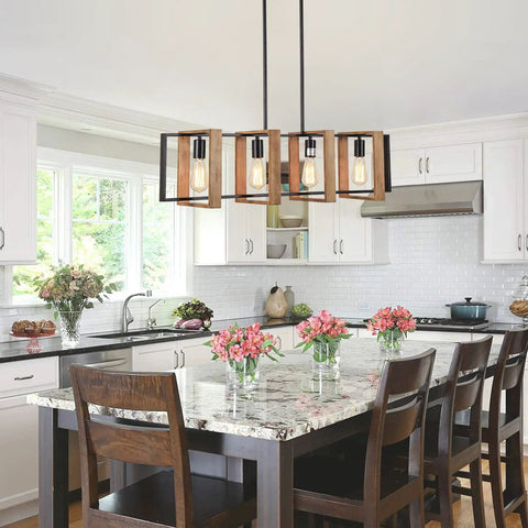 Rustic Black Metal And Wood Pendant Lights For Kitchen Island Four Light Farmhouse Dining Fixture Over Table E26 Hanging Light With Adjustable Height in a bright kitchen setting