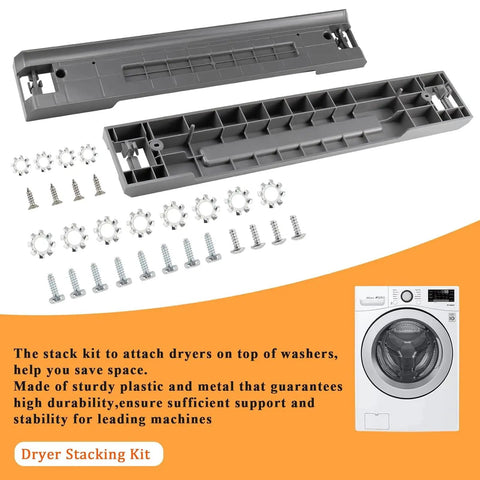 2026 Upgraded Front Load Washer Dryer Stacking Kit For 27 Inch Machines includes brackets, guides, screws, and plastic frame.