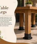 Heavy Duty 2X2 Square Post Floor Mount Brackets 4 Pack Black Coated Steel Deck Railing Bases with wide flange under wooden table legs.