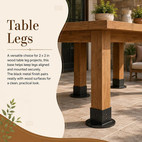 Heavy Duty 2X2 Square Post Floor Mount Brackets 4 Pack Black Coated Steel Deck Railing Bases with wide flange under wooden table legs.