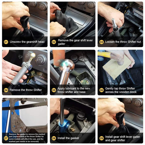 Installing a 5 Speed Throw Short Shifter Kit for Subaru WRX STI and Impreza 96-06, detailed step-by-step procedure in images.