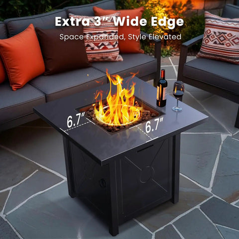 28 Inch Propane Fire Pit Table With 40K BTU Portable Smokeless Outdoor Heater in patio setting with extra wide edge