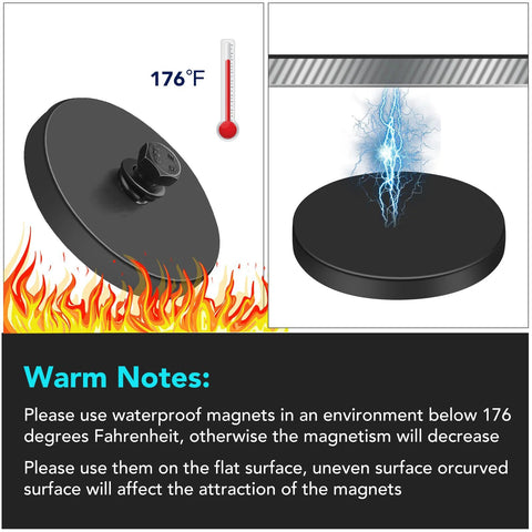 Front and installed views of 4-pack rubber-coated mounting magnets with M5 studs (1.69 in); black neodymium discs.