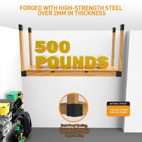Heavy Duty Overhead Garage Storage Rack Kit For 2x4 Wood DIY Ceiling Storage System, 500 LB Capacity, Easy Install, Metal Brackets