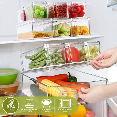 10 Pack Refrigerator Pantry Organizer Bins With Lids To Keep Your Snacks Chill And Food Stash Tidy with fresh produce inside a fridge.
