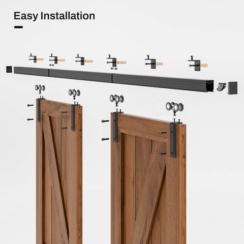 10 Foot Double Barn Door Hardware Kit Box Rail Wall Mount Exterior Beefy Heavy Duty Aluminum Track hardware installation view.