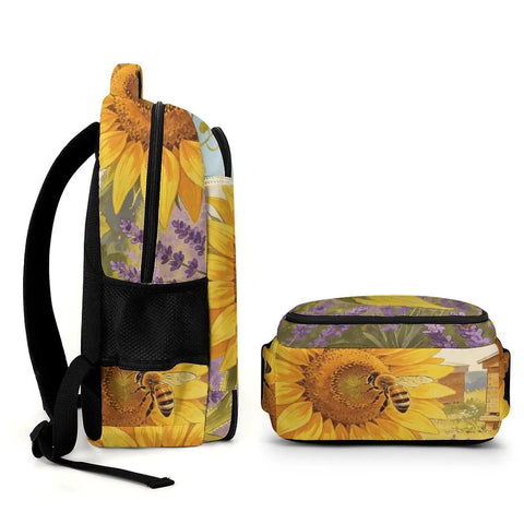 Go To Unisex Daypack With Large Capacity Sunflower Lavender Bee Farm Print Polyester Backpack side view