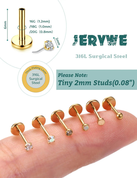 20G Flat Back Threadless Earrings For Women And Men Hypoallergenic 316L Surgical Stainless Steel Nose Lip Tragus Cartilage Medusa Piercing Jewelry 2mm Studs With 14K Gold Filled Shine, gold flat back studs on finger